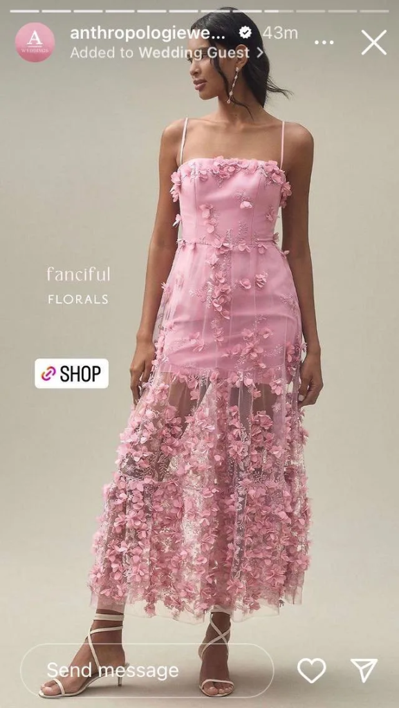 Anthropologie Weddings Story ad showing a model in a pink floral maxi dress with a Shop tag overlay.