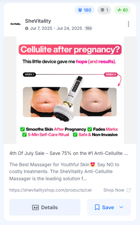 SheVitality Facebook ad featuring a before and after body transformation with week one and week four labels and product benefits.