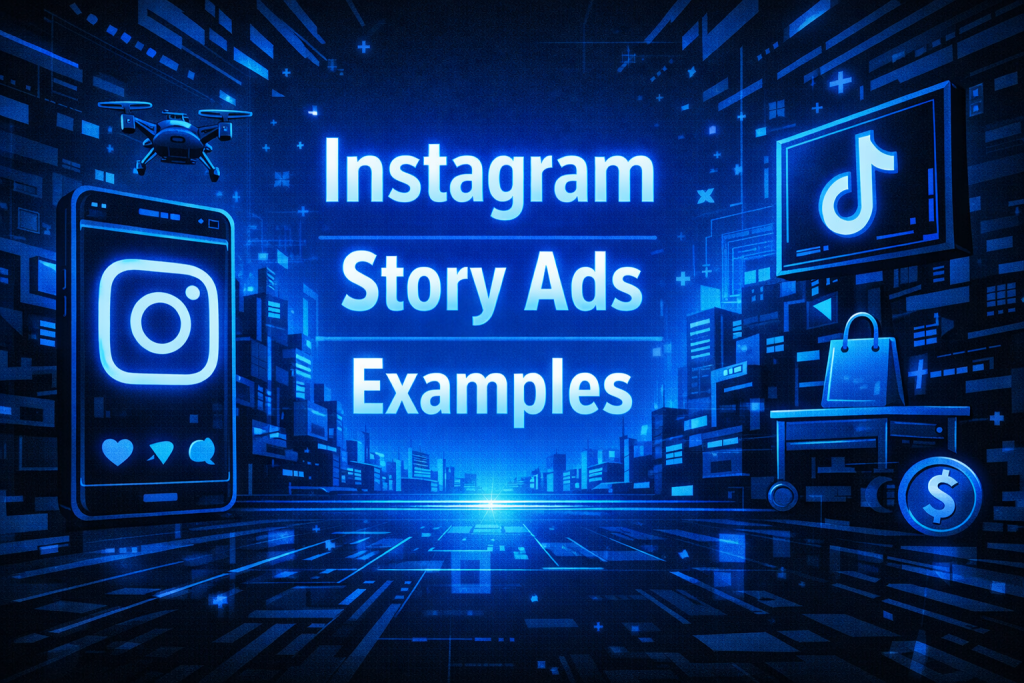 Cyberpunk-style Instagram Story ads illustration with glowing blue text and social media elements in a futuristic city scene.