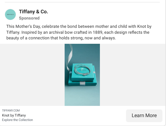 Tiffany & Co. Mother's Day Facebook ad featuring the Knot bracelet displayed on the brand's signature blue gift box.