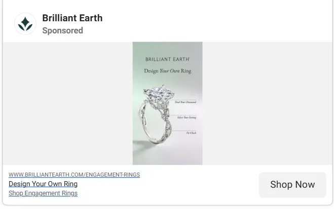 A jewelry Facebook ad by Brilliant Earth nudging customers to design their engagement ring.