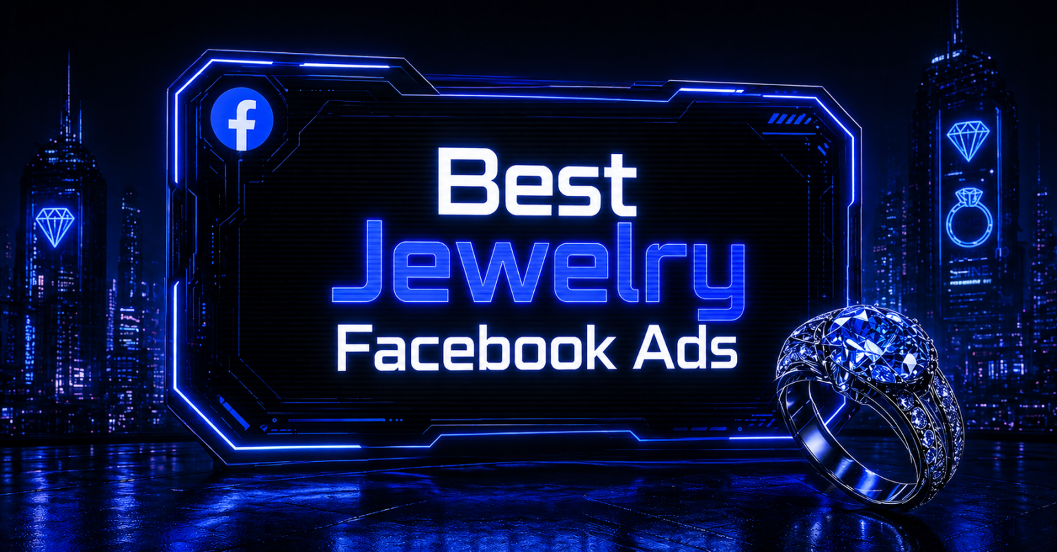 Futuristic blue cyberpunk image of jewelry Facebook ads with a diamond ring, glowing Facebook logo, and neon city background. 