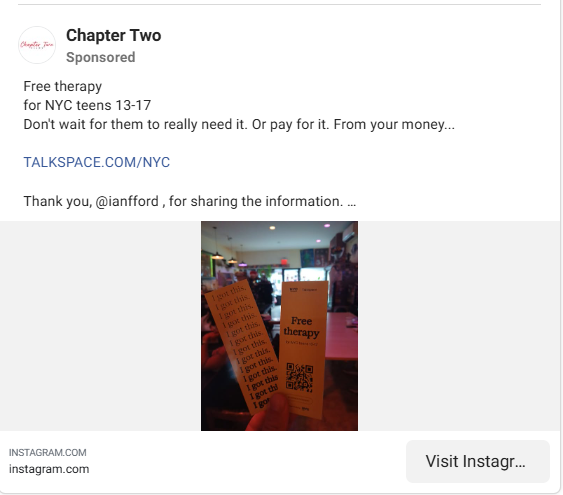 Example of a free consultation offer ad featuring Chapter Two's free therapy program.