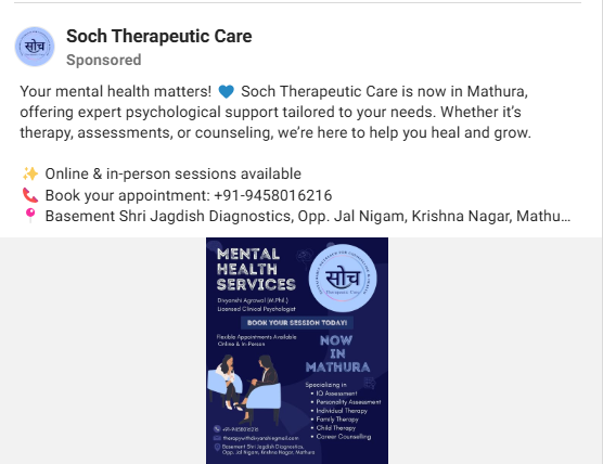 A community awareness campaign ad featuring Soch Therapeutic Care's announcement of its new clinic location.