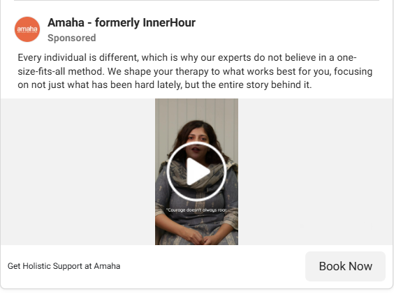 A video ad featuring an Amaha therapist speaking directly to the camera.