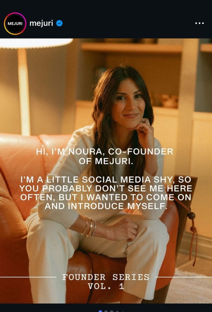 Mejuri co-founder Noura introduces herself to viewers in a Founder Series with on-screen text overlay.