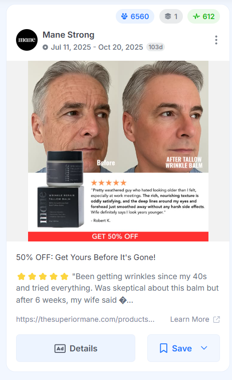 Mane Strong Facebook ad featuring a before and after facial transformation image with an embedded customer review and discount offer.