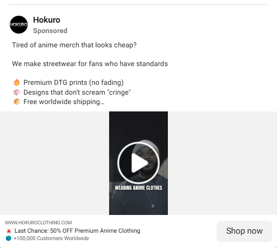 Example of a niche appeal ad, featuring Hokuro's premium anime streetwear positioned for fans with high standards.