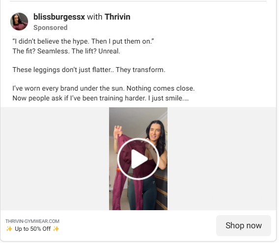 Example of a user-generated content ad, featuring creator Bliss Burgess reviewing Thrivin's leggings on camera.