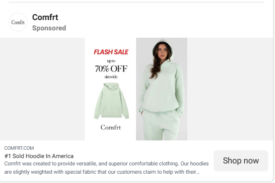 Example of a limited-time offer ad, featuring Comfrt's flash sale graphic with up to 70% off sitewide.