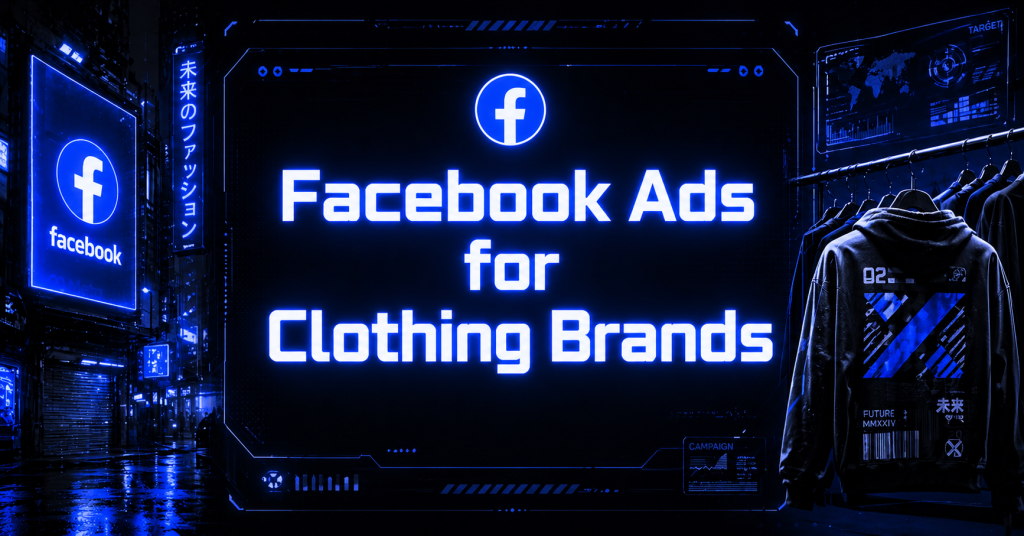 Feature image with Facebook logo, blue neon city background, and stylish clothing display promoting Facebook ads for clothing brands.