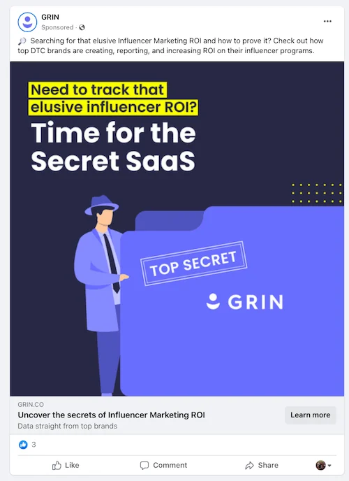 Sample Facebook ad from GRIN showing how sponsored content appears alongside organic posts in the News Feed.