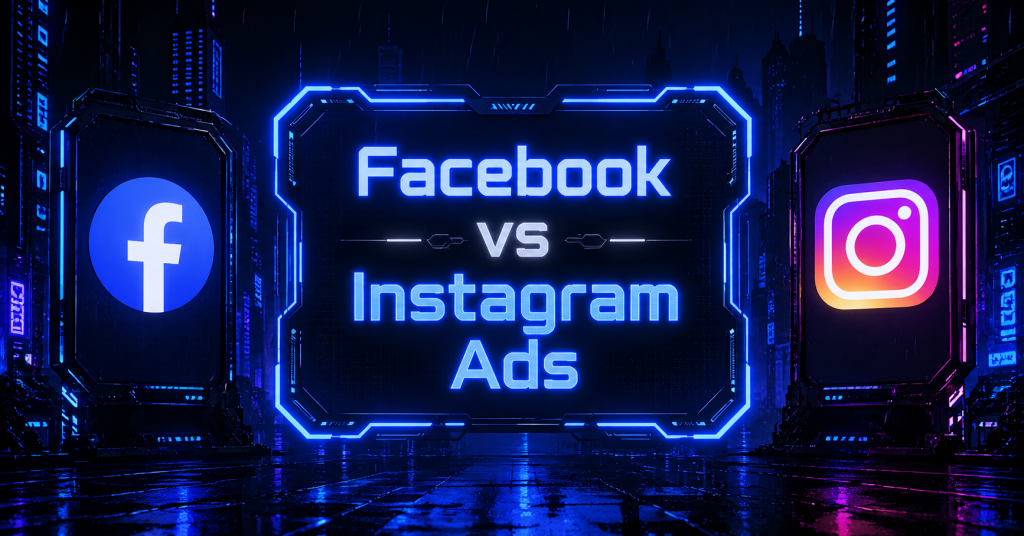 Cyberpunk-style graphic showing Facebook and Instagram logos with glowing neon text comparing Facebook vs Instagram ads on a dark blue futuristic background.
