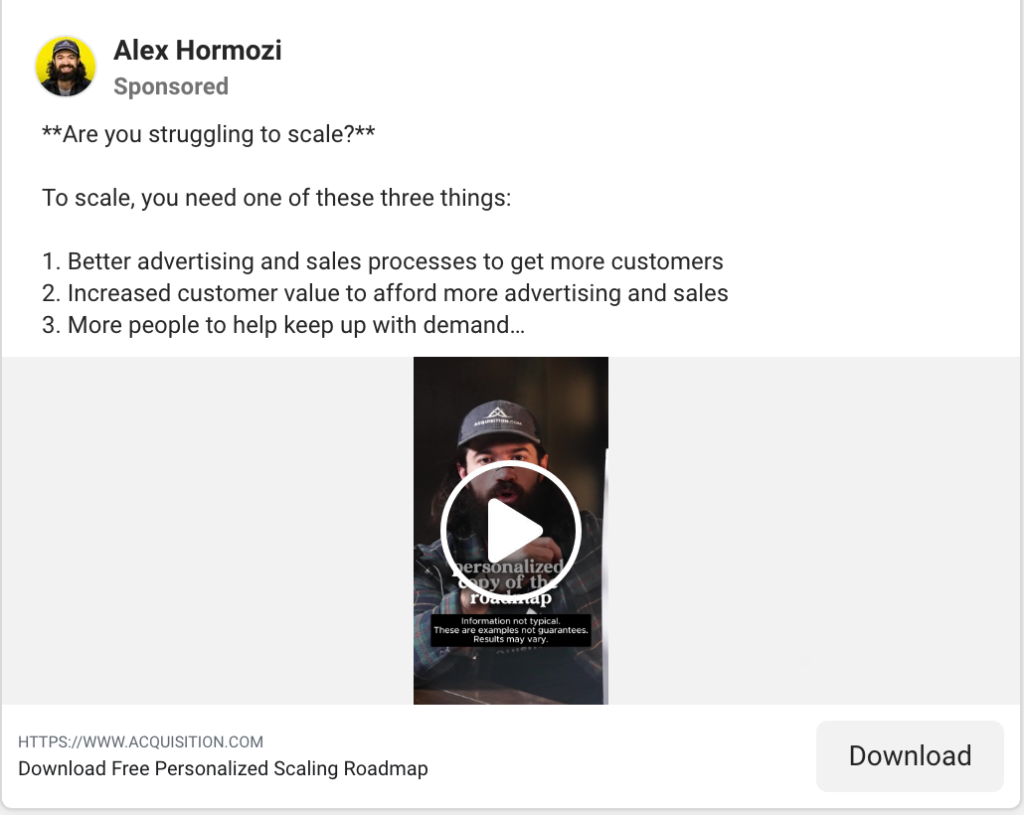 Alex Hormozi Facebook lead magnet ad featuring a founder-led video promoting a free personalized Scaling Roadmap.