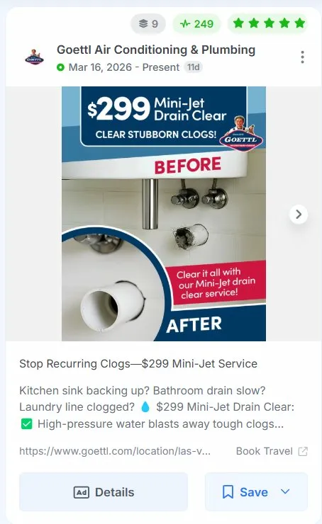 Goettl ad featuring a before and after drain cleaning image with a price offer displayed prominently.