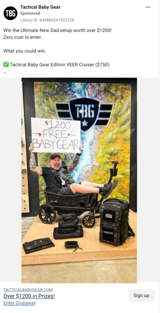 Tactical Baby Gear Facebook giveaway ad featuring a man holding a "$1200 FREE BABY GEAR" sign alongside the prize bundle.