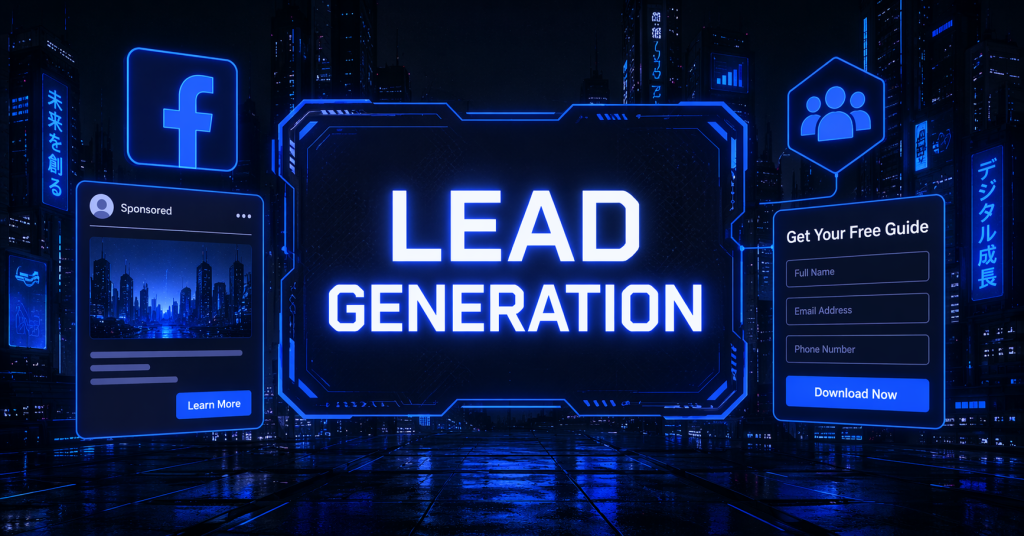 Neon-lit "Lead Generation" display beside a Facebook-sponsored ad and a "Get Your Free Guide" form with a "Download Now" button.