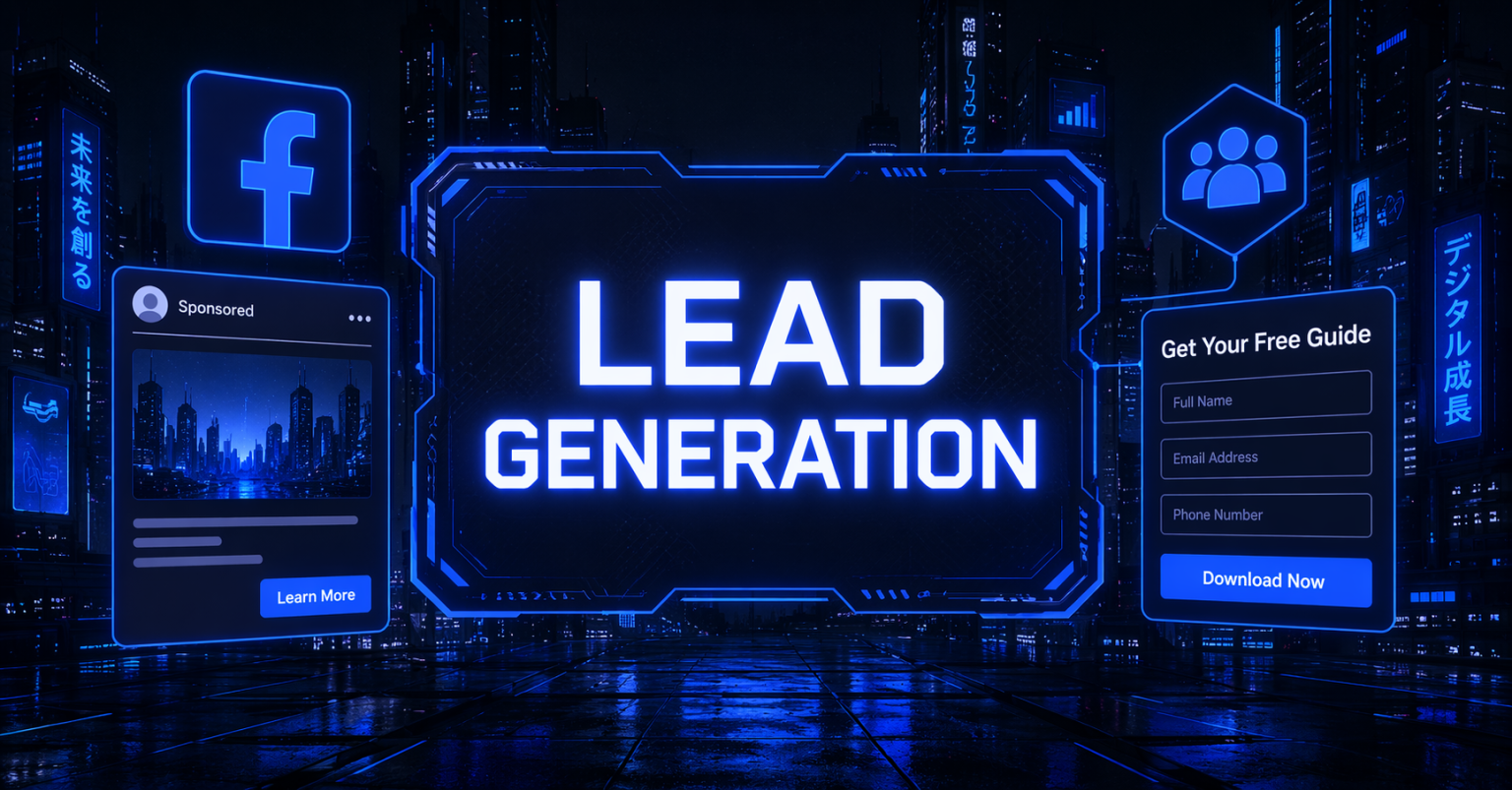 Neon-lit "Lead Generation" display beside a Facebook-sponsored ad and a "Get Your Free Guide" form with a "Download Now" button.