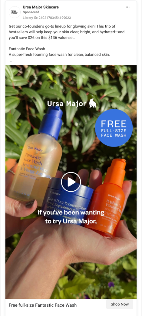 Ursa Major Skincare Facebook video ad showcasing a three-product bestseller trio held in hand, with individual benefit descriptions, a $136 value set savings callout, free full-size Face Wash offer, and a Shop Now CTA.
