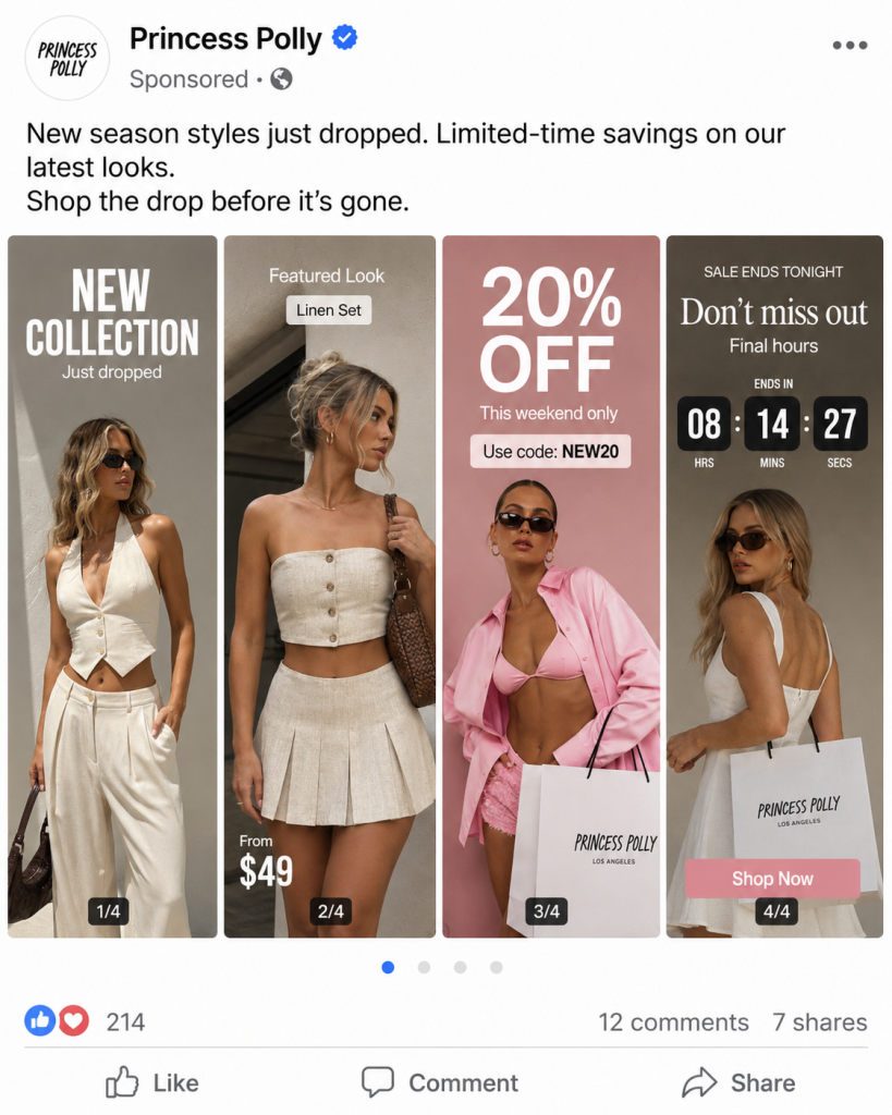 Princess Polly Facebook slideshow ad opens on a "New Collection" teaser, moves through a featured linen set at $49, reveals a 20% off code, and closes with a countdown timer and a Shop Now CTA.