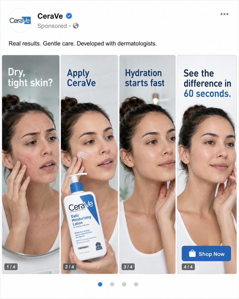 CeraVe Daily Moisturizing Lotion Facebook slideshow ad featuring a four-panel before-and-after, ending with "See the difference in 60 seconds" and a Shop Now CTA.