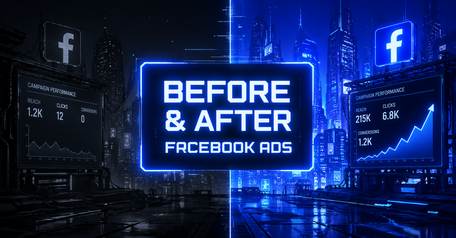 Before and After Facebook Ads graphic split between a dark, low-performance, and a bright blue, high-performance campaign dashboard showing improved metrics.