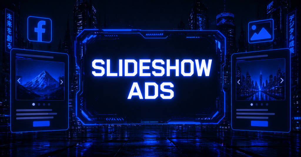 Futuristic neon-lit display reading "SLIDESHOW ADS" flanked by two Facebook ad mockups with image carousels, illustrating how slideshow ads appear in a digital feed.