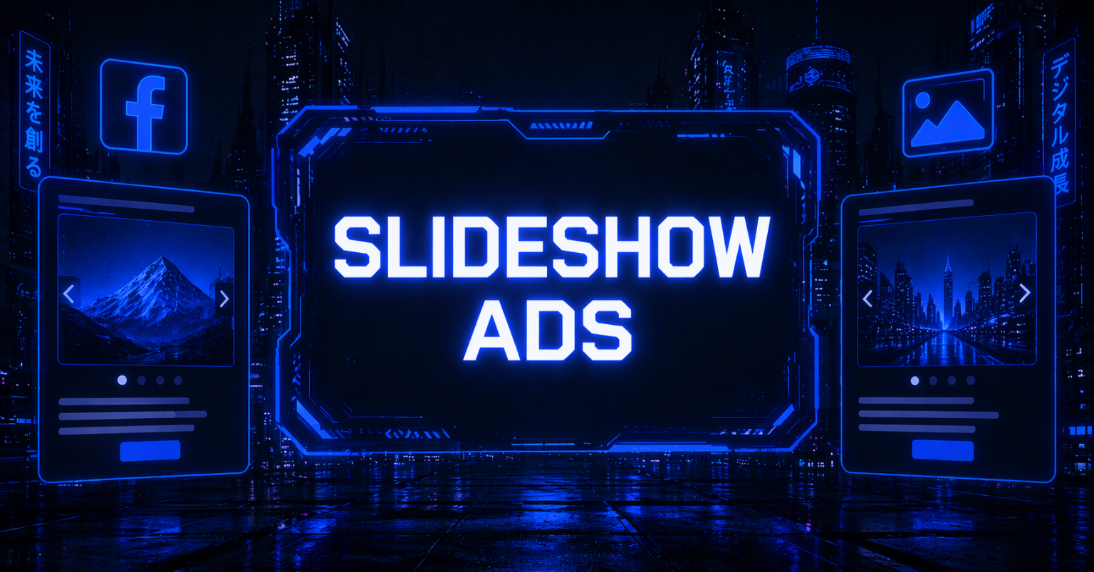 Futuristic neon-lit display reading "SLIDESHOW ADS" flanked by two Facebook ad mockups with image carousels, illustrating how slideshow ads appear in a digital feed.