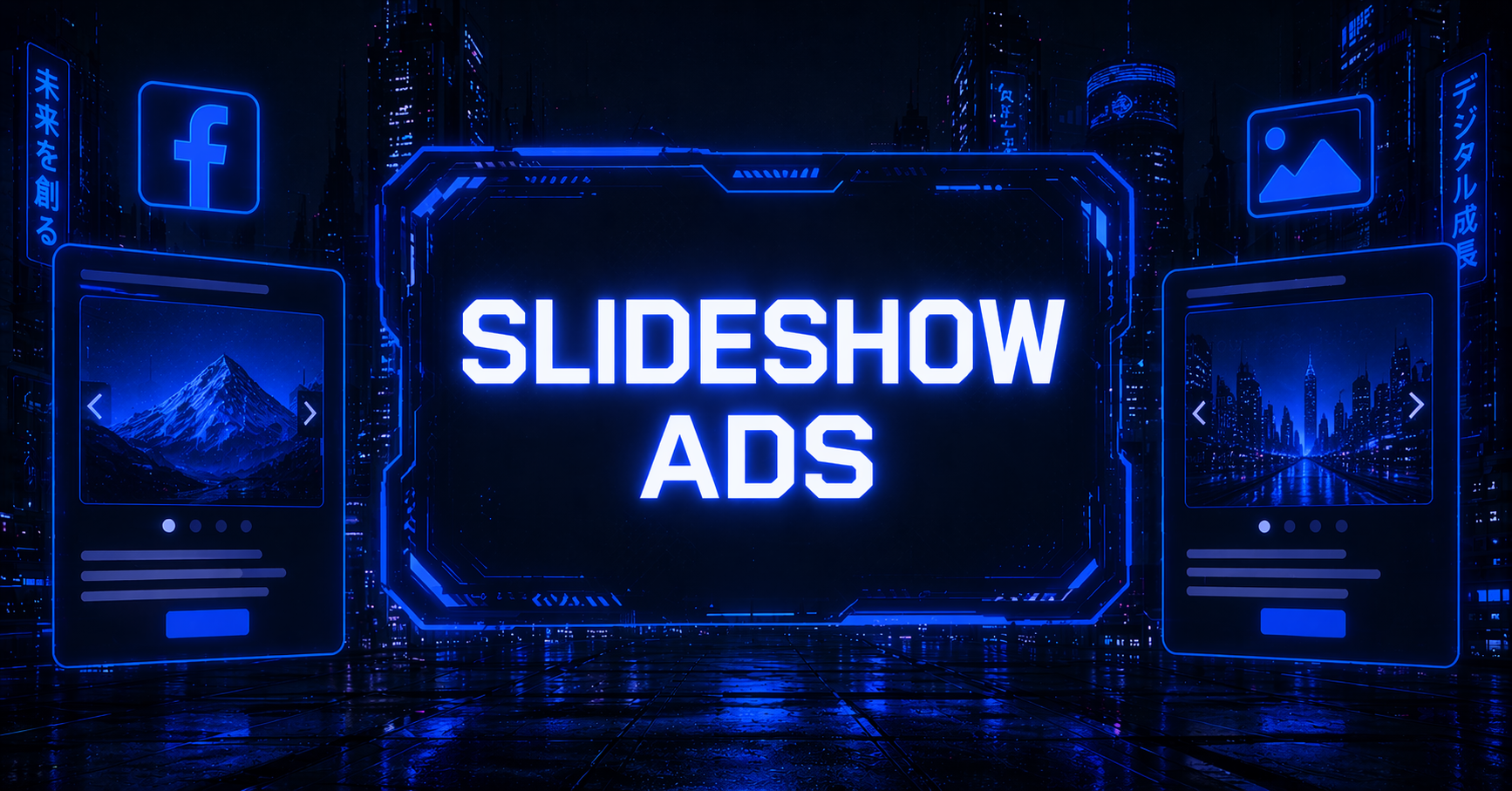 Futuristic neon-lit display reading "SLIDESHOW ADS" flanked by two Facebook ad mockups with image carousels, illustrating how slideshow ads appear in a digital feed.