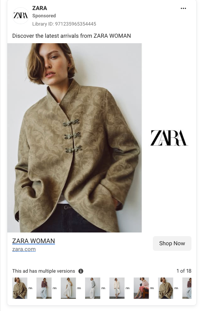 Zara Facebook Dynamic Ad showing a model in a textured beige jacket with "Discover the latest arrivals from ZARA WOMAN" copy, a Shop Now CTA, and 18 product variations displayed at the bottom