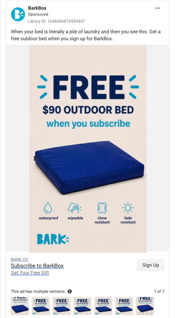 BarkBox Facebook Dynamic Creative Ad showing a free outdoor dog bed offer with "Subscribe to BarkBox" copy and multiple caption variants under "This ad has multiple versions."