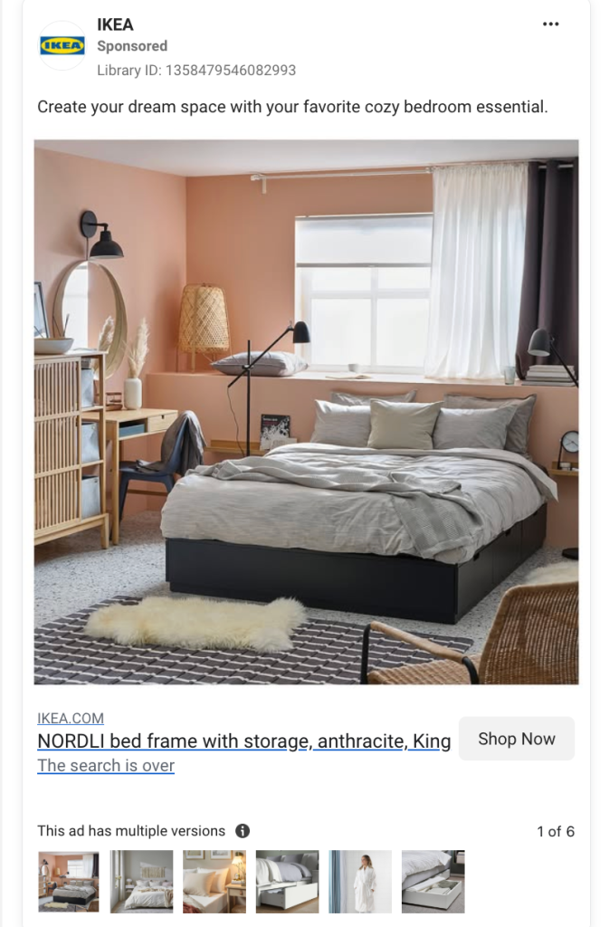 IKEA Facebook Dynamic Ad showing the NORDLI bed frame in a styled bedroom with "Create your dream space" copy and six product variations at the bottom.