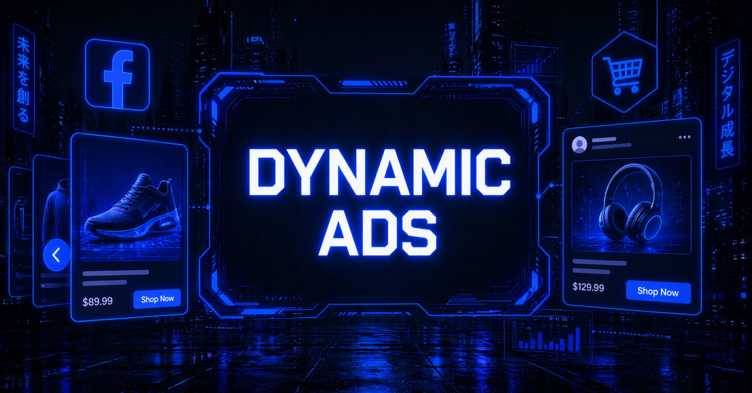 Futuristic "Dynamic Ads" graphic showing Facebook product cards for sneakers and headphones with Shop Now buttons.