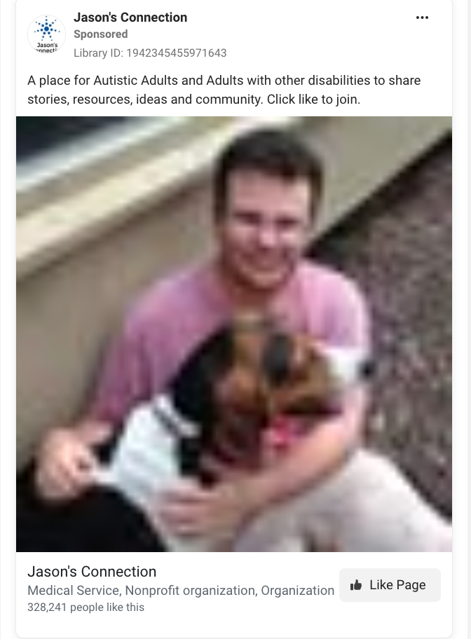 Jason's Connection Facebook Page Like ad with community-focused copy, a photo of a man holding a dog, a Like Page CTA, and 328,241 page likes displayed.