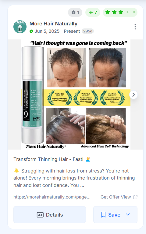 More Hair Naturally ad featuring a before and after hair transformation image alongside award badges.