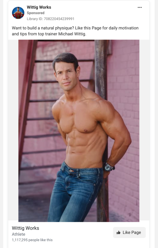 Wittig Works Facebook Page Like ad featuring a fitness photo of trainer Michael Wittig with "Want to build a natural physique? Like this Page for daily motivation and tips" copy, a Like Page CTA, and 1,117,295 page likes displayed.