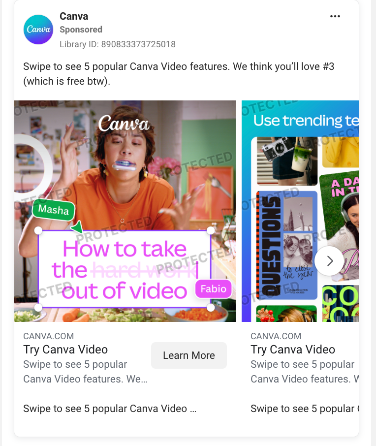 Canva Facebook carousel ad with "Swipe to see 5 popular Canva Video features" copy, two visible cards highlighting video editing capabilities, a Learn More CTA, and a swipe arrow.