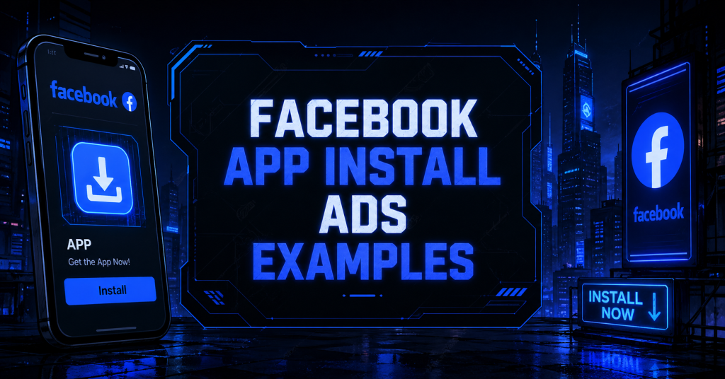 Futuristic neon billboard reading "APP INSTALL ADS EXAMPLE" flanked by a Facebook logo panel and a smartphone showing an "INSTALL" button.