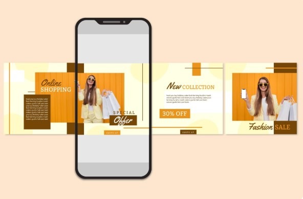 Instagram carousel ad mockup for ecommerce fashion showing multiple product slides with shopping and offer overlays.