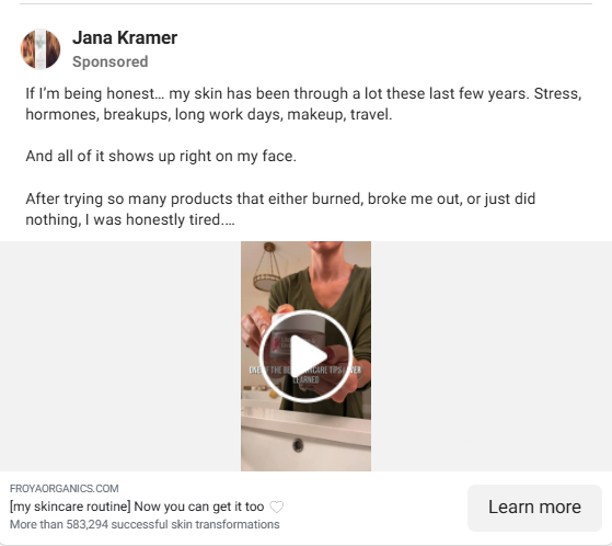 Froya Organics Facebook ad featuring Jana Kramer delivering a confessional problem hook in the ad copy.