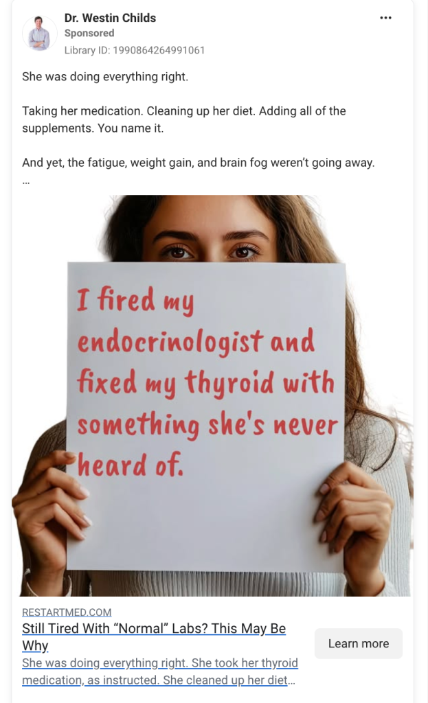 Dr. Westin Childs Facebook ad featuring a woman holding a handwritten sign, a "Still Tired With 'Normal' Labs? This May Be Why" question headline, and a Learn More CTA.