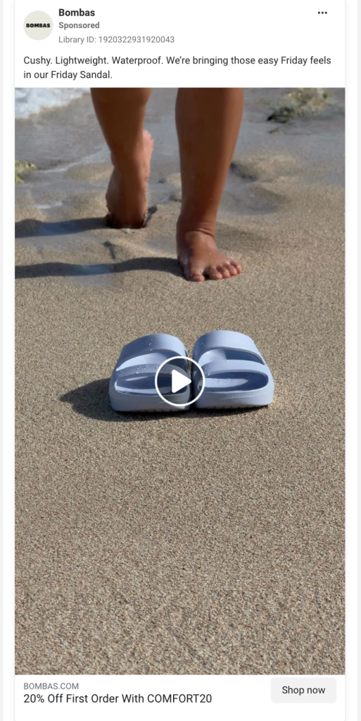 Bombas Facebook ad showing sandals on a beach with "20% Off First Order With COMFORT20" headline, product video, and a Shop Now CTA.