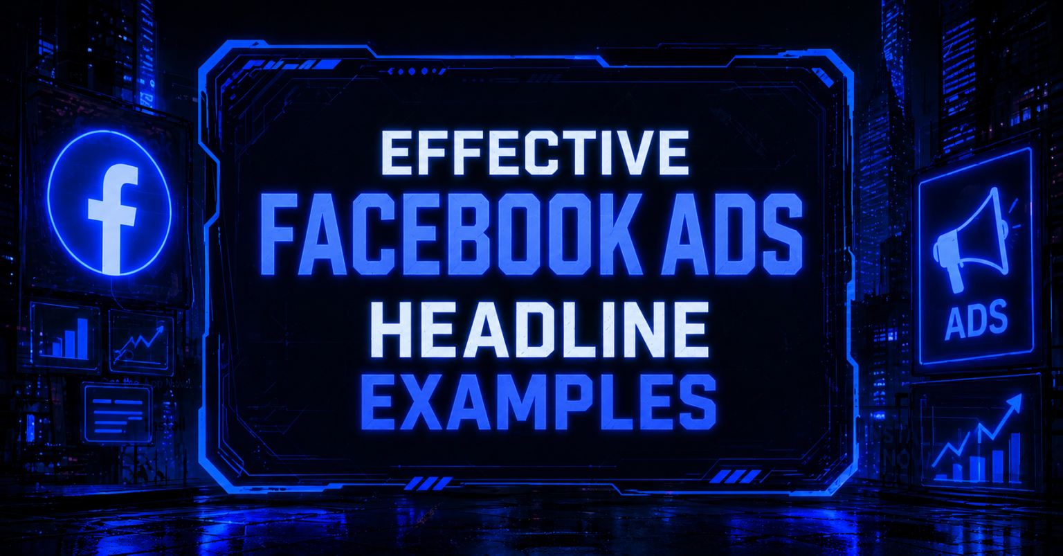 Concept graphic featuring a central "Effective Facebook Ads Headline Examples" with glowing neon text, Facebook logo, and futuristic digital billboard background.