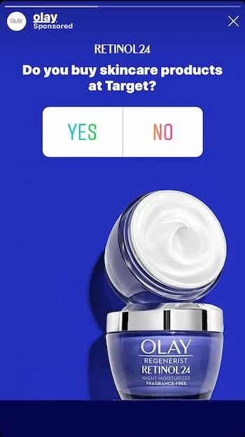 Olay Sponsored Facebook poll ad featuring a jar of Regenerist Retinol 24 Night Moisturizer with a "Do you buy skincare products at Target?" question and Yes/No vote buttons.