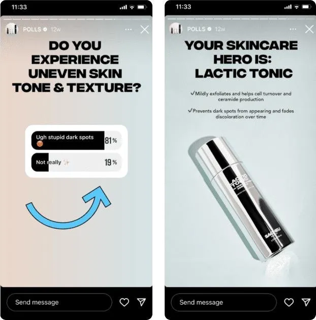 Two Instagram poll screens: the first asking "Do you experience uneven skin tone & texture?" with voting options, and the second showing the personalized "Your skincare hero is: Lactic Tonic" result screen with product details.