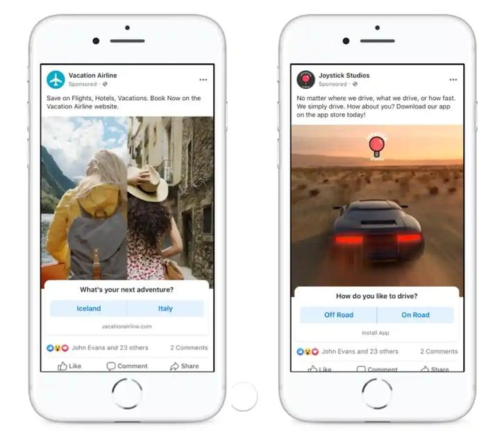 Two Facebook poll ad mockups on phone screens: Vacation Airline asking "What's your next adventure? Iceland or Italy?" and Joystick Studios asking "How do you like to drive? Off Road or On Road?" with Sponsored labels and vote buttons visible.