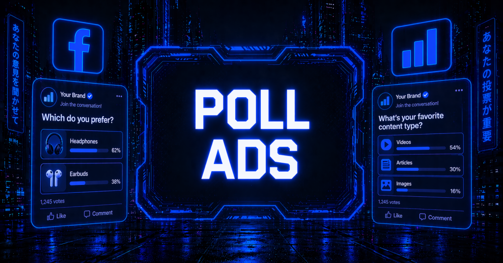 Two Facebook Poll Ads mockups flanking a glowing "POLL ADS" headline, showing live vote results for product and content preference polls.