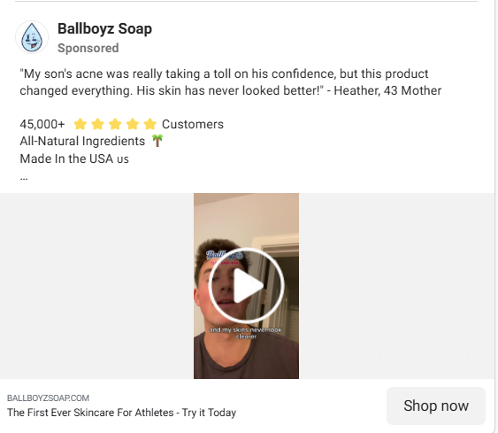 A social proof ad featuring a customer testimonial and star rating for Ballboyz Soap.