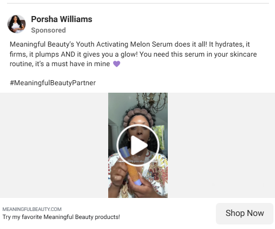 Example of a UGC-style ad, featuring Porsha Williams recommending Meaningful Beauty's serum.