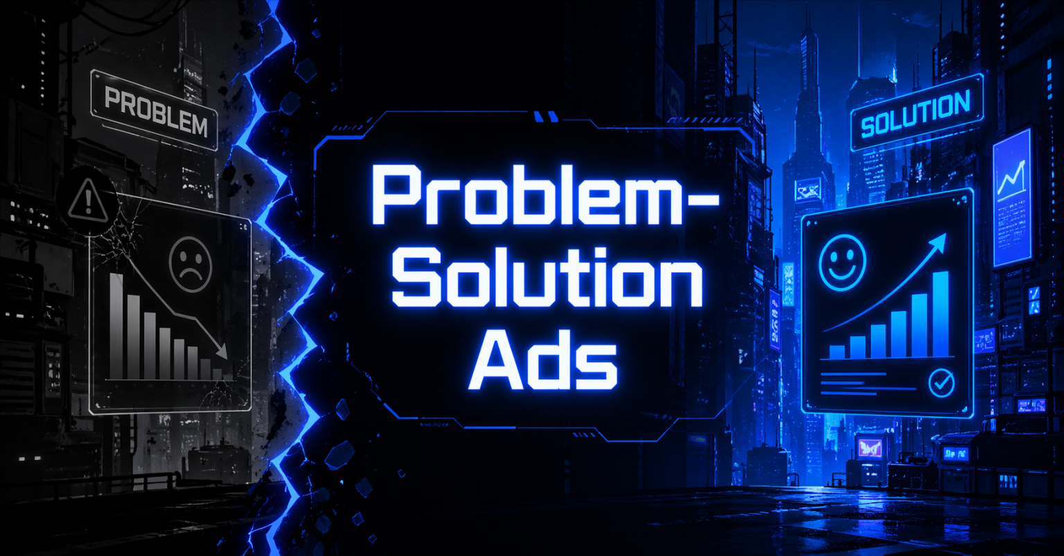 Problem-Solution Ads graphic split between a dark side with a declining chart and a sad face, and a bright blue side with a rising chart and a smiley face.